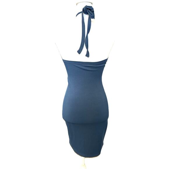 Women's Cutout Bodycon Dress Blue Ribbed Club Vacation Festival Fairy Retro MED - Picture 4 of 6